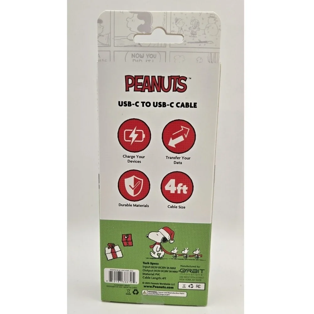 Peanuts Snoopy USB-C to USB-C Cable‎ 4ft Charging Data New
